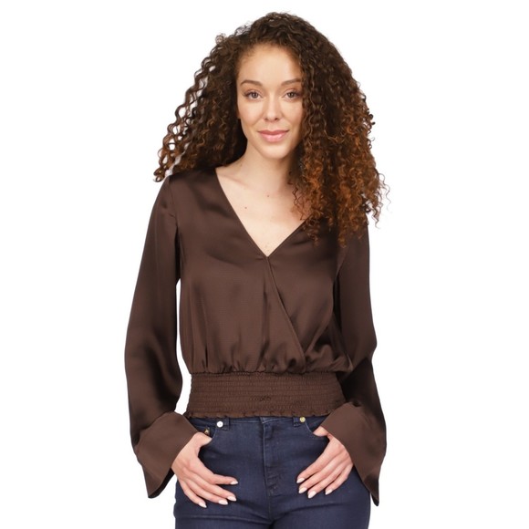 Michael Kors Smocked Kimono Sleeve Top Brown Polyester, XS - Picture 1 of 1